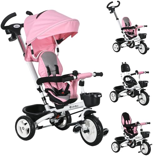 HOMCOM 6 in 1 Dreirad mit Schubstange, Faltbar, Kinderdreirad mit Sicherheitsgurt, Abnehmbar Sonnendach, Korb, Getränkehalter, Pedal, für 1-5 Jahre Kinder, bis 25 kg, Rosa von HOMCOM