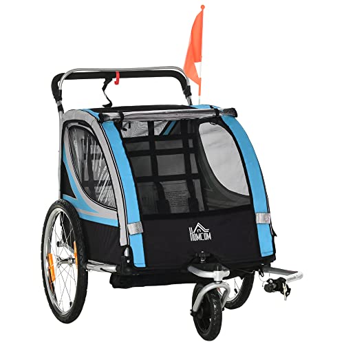 HOMCOM 2 in 1 Kinderanhänger klappbar Fahrradanhänger mit abnehmbarem Vorderrad, Hinterradbremsen, Kinderfahrradanhänger für 2 Kinder ab 18 Monate, bis 26,4 kg belastbar, Blau von HOMCOM