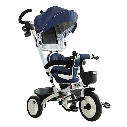 HOMCOM 4-in-1 Kinderdreirad, Kinder Fahrrad mit Sicherheitsgurt und Sonnendach, Dreirad, Kinderauto, Aluminium, Metall, Kunststoff, Blau, 118 x 53 x 105 cm von HOMCOM