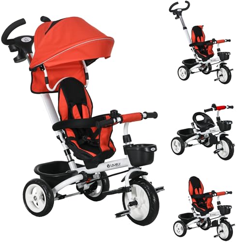 HOMCOM 6 in 1 Dreirad mit Schubstange, Kinderdreirad mit Sicherheitsgurt, Faltbar, Abnehmbar Sonnendach, Getränkehalter, Korb, Pedal, bis 25 kg, für 1-5 Jahre Kinder, Rot HOMCOM 6 in 1 Dreirad mit Schubstange, Kinderdreirad mit Sicherheitsgurt, Faltbar, Abnehmbar Sonnendach, Getränkehalter, Korb, Pedal, bis 25 kg, für 1-5 Jahre Kinder, Rot von HOMCOM