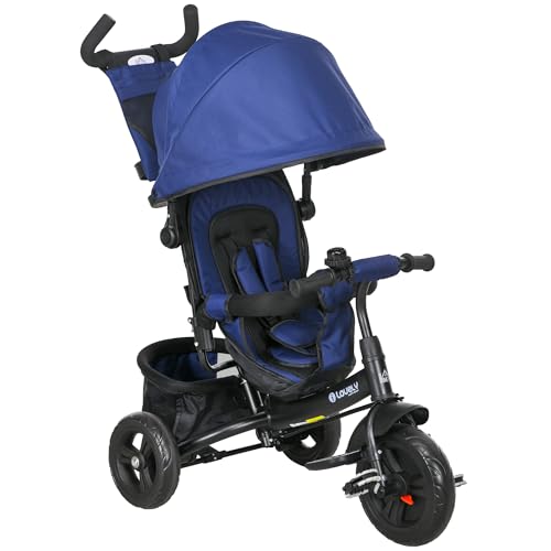 HOMCOM 6-in-1 Dreirad mit Schubstange, Kinderdreirad mit abnehmbarem Sonnendach, Kissen, Laufrad mit 5-Punkt-Sicherheitsgurt, Korb, Becherhalter, für 1-5 Jahre Kinder, Dunkelblau HOMCOM 6-in-1 Dreirad mit Schubstange, Kinderdreirad mit abnehmbarem Sonnendach, Kissen, Laufrad mit 5-Punkt-Sicherheitsgurt, Korb, Becherhalter, für 1-5 Jahre Kinder, Dunkelblau von HOMCOM