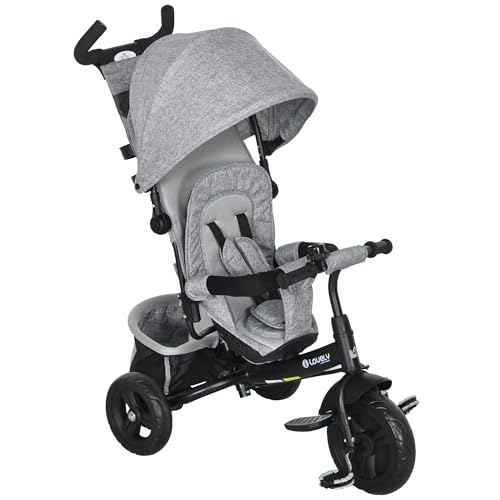 HOMCOM 6-in-1 Dreirad mit Schubstange, Kinderdreirad mit abnehmbarem Sonnendach, Kissen, Laufrad mit 5-Punkt-Sicherheitsgurt, Korb, Becherhalter, für 1-5 Jahre Kinder, Grau von HOMCOM