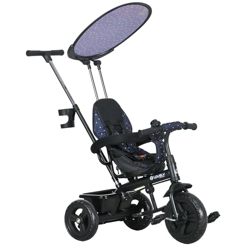 HOMCOM 6-in-1 Dreirad mit Schubstange, Kinderdreirad mit abnehmbarem Sonnendach, Verstellbar Laufrad mit Becherhalter, Korb, für 1-5 Jahre Kinder, Dunkelblau HOMCOM 6-in-1 Dreirad mit Schubstange, Kinderdreirad mit abnehmbarem Sonnendach, Verstellbar Laufrad mit Becherhalter, Korb, für 1-5 Jahre Kinder, Dunkelblau von HOMCOM