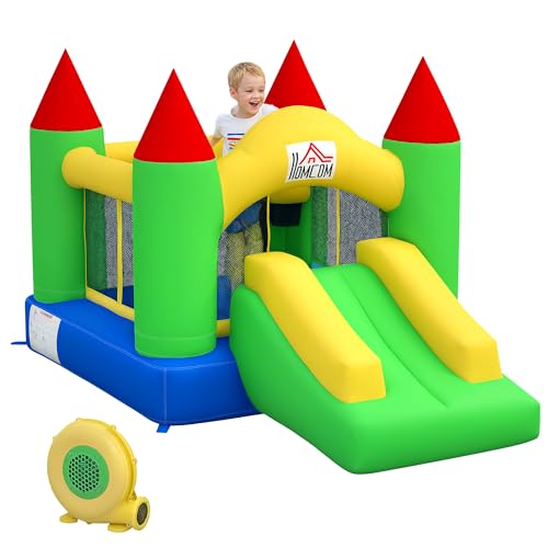 HOMCOM Aufblasbare Hüpfburg mit Gebläse, Kinderhüpfburg, Spielburg mit Rutsche, Trampolin, Sicherheitsnetz, für Kinder 3 bis 10 Jahre, Oxford, 300 x 180 x 160 cm von HOMCOM