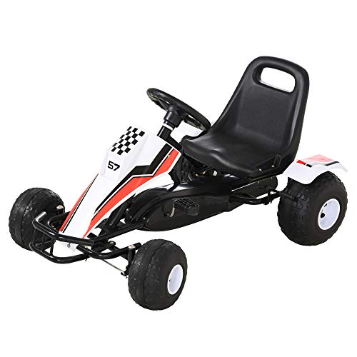 HOMCOM Go Kart Kinderfahrzeug Tretauto mit Pedal Bremsen Sitz Verstellbar Kinderspielzeug für 3-8 Jahre Stahl Weiß 104 x 66 x 57 cm von HOMCOM