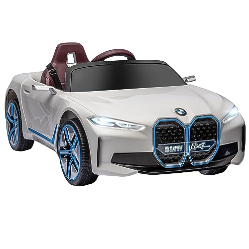 HOMCOM Kinder Elektroauto Elektrofahrzeuge mit Fernbedienung, Tragbarer Batterie, BMW Kinderauto mit Scheinwerfer, MP3-Player, Sicherheitsgurt, 3-5 km/h, für Kinder 3-5 Jahre, Weiß von HOMCOM