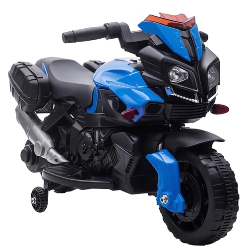 HOMCOM Kinder Elektromotorrad 6 V 3 Km/h Lichteffekt und Sound abnehmbare Rollen Fußstütze Seitenkoffer Metall PP Blau Schwarz von HOMCOM