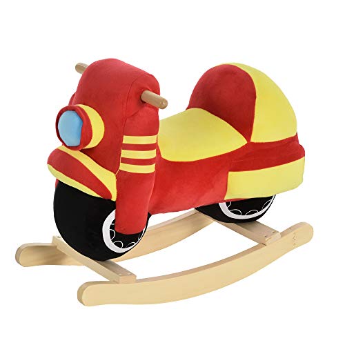 HOMCOM Kinder Schaukelpferd Baby Schaukeltier Motorrad mit Motorrad Sound, Schaukel Schaukelspielzeug Haltegriffe für 18-36 Monate Plüsch Rot+Gelb 60x25.5x48 cm von HOMCOM