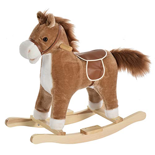 HOMCOM Kinder Schaukelpferd Baby Schaukeltier Pferd mit Tiergeräusche Spielzeug Haltegriffe für 36-72 Monate Plüsch Braun 65 x 32,5 x 61 cm von HOMCOM