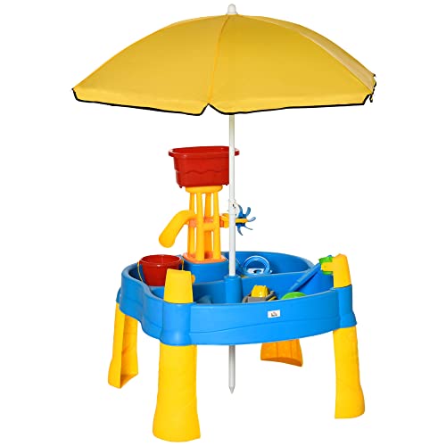HOMCOM Sand- und Wasserspieltisch 2-in-1-Tischspielset für Sand- und Wasseraktivitäten im Freien 25 teiliges Strandspielzeug-Set mit Sonnenschirm Kinder Wasserspielzeug Wasserbahn draußen von HOMCOM