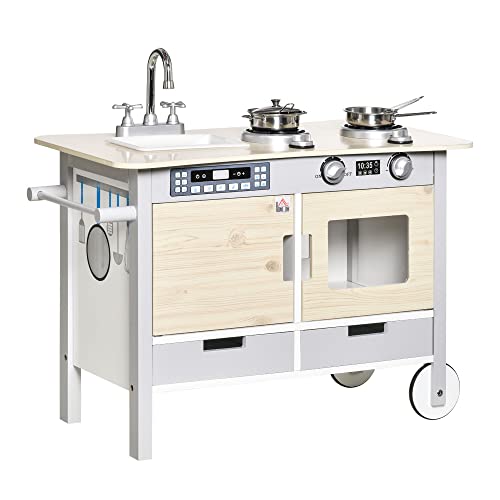 HOMCOM Kinderküche mit Rollen Spielküche Küchenwagen für Kinder mit 2 Töpfen Spüle Kochbank Schränke 5 Stück Küchenzubehör Naturholz+Grau 70 x 40 x 66,5 cm HOMCOM Kinderküche mit Rollen Spielküche Küchenwagen für Kinder mit 2 Töpfen Spüle Kochbank Schränke 5 Stück Küchenzubehör Naturholz+Grau 70 x 40 x 66,5 cm von HOMCOM