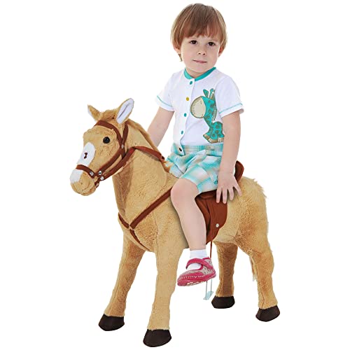 HOMCOM Reitpferd Spielpferd Plüschpferd Spielpferd für Kinder Stehpferd mit Sound Beige 85 x 28 x 60 cm von HOMCOM