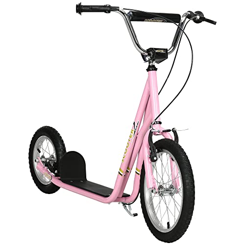 HOMCOM Roller Kinderroller mit Luftreifen Handbremse, 16 Zoll Tretroller Höhenverstellbar Kickscooter für Jungen und Mädchen ab 5 Jahre Kickboard Cityroller Kinder Scooter Rosa von HOMCOM