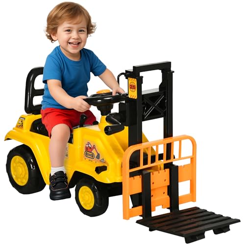 HOMCOM Traktor für Kinder von 3-4 Jahren mit Gabelstapler, Knopf für Geräusche und versteckter Stauraum, aus PP und ABS, 86 x 27,5 x 47,5 cm, Gelb und Schwarz von HOMCOM
