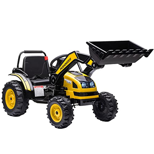 HOMCOM Kinder Elektrobagger Sitzbagger für Kinder Aufsitzbagger Geländewagen Traktor elektrisch zum Fahren mit Musik Schaufel Armen 3–5 Jahre PP-Kunststoff Stahl Gelb 132 x 62 x 65 cm von HOMCOM