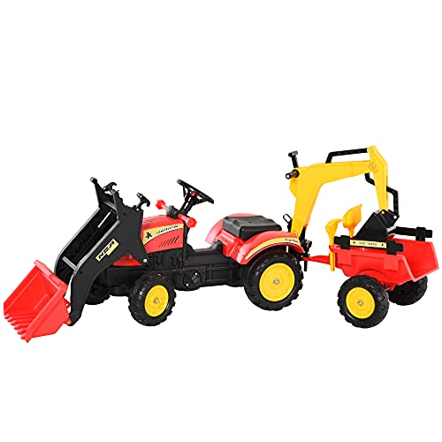 HOMCOM Trettraktor mit Anhänger Tretbagger Traktor mit Frontlader Kindertrettraktoren ab 3 Jahre Bagger Kinder Stahl Kunststoff Rot 179 x 42 x 59 cm von HOMCOM