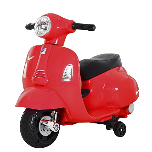 HOMCOM Vespa Elektromotorrad Kindermotorrad Elektrofahrzeug 18-36 Monate 3 km/h LED-Licht Sound PP-Kunststoff Metall Rot 66,5 x 38 x 52 cm von HOMCOM