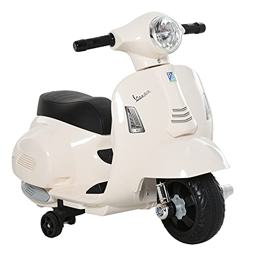 HOMCOM Vespa Elektromotorrad Kindermotorrad Elektrofahrzeug 18-36 Monate 3 km/h LED-Licht Sound PP-Kunststoff Metall Weiß 66,5 x 38 x 52 cm von HOMCOM