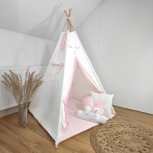HOMECHIC Tipi Teepee Kinder Spielzelt Wigwam Creme/Rosa Premium aus Baumwolle Minky mit doppelseitige Bodenmatte 3 Kissen 110x110x150 cm HOMECHIC Tipi Teepee Kinder Spielzelt Wigwam Creme/Rosa Premium aus Baumwolle Minky mit doppelseitige Bodenmatte 3 Kissen 110x110x150 cm von HOME CHIC