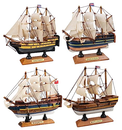 SAILINGSTORY Holzmodell Schiffe Klassisches Schiffsmodell Segelboot Dekor Bounty, Endeavour, Mayflower, Victory 16 cm Set von 4 Stück von HOME DECOR SAILINGSTORY