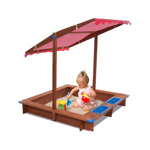 Sandkasten mit Dach 126x121x118cm Holzsandkasten mit Abdeckung & Matschküche für Kinder Sandkiste aus Holz mit praktischem Sitzflächenrand für Outdoor und Garten (Rot, Braun) von HOMEONENIC