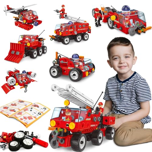 HOMETTER Bauspielzeug für 5-12-jährige Jungen, Geschenk, 7-in-1-Feuerwehrauto-Spielzeug, Kinderstammspielzeug, pädagogisches Bauset für Kinder ab 5 Jahren, Geburtstagsgeschenk von HOMETTER
