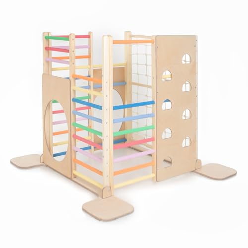 HomeForDreams Holz Montessori-Inspirierter Quadratischer Kletterturm für Kleinkinde: Faltbarer Indoor-Spielplatz mit Zubehörbrettern (Regenbogen, Ohne Zubehör) von HOMEforDREAMS