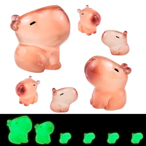 Leuchtende Capybara Familie Figuren 6 Stück Mini Tiere zum Basteln Puppenhaus Mini Harz Capybara für Puppenhaus Feengarten Outdoor Dekor Kuchen Topper Dekor von HOMICO