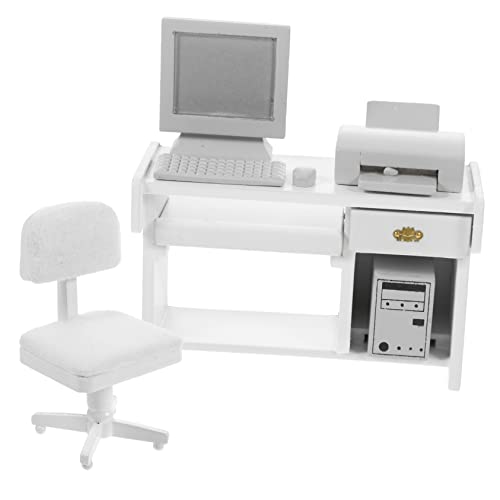 HOMOBABE 1 Satz Miniatur Büro Möbel Weißes Tisch Stuhl Modell für Puppenhaus mit Computer Tastatur Drucker für Kinderzimmer Dekoration von HOMOBABE
