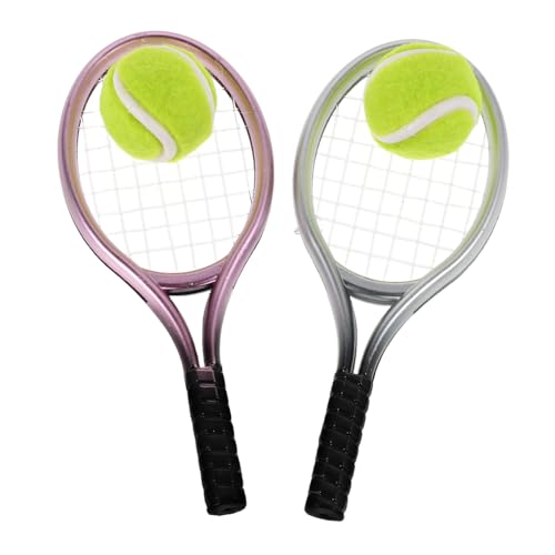 HOMOBABE 2 Sätze Miniatur Tennis Racket und Ball Set Silber und Realistisches Sportzubehör für Puppenhaus Deko Sportspielzeug Tennistraining Zubehör von HOMOBABE