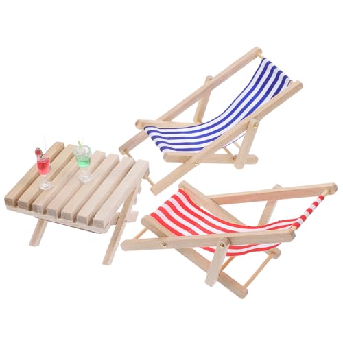 HOMOBABE Miniatur Holz Strandliegen mit Liegestühlen Tisch und Bechern Puppenhaus Möbel Handgefertigte Miniatur Stranddeko für Puppenhaus und Bastelprojekte von HOMOBABE