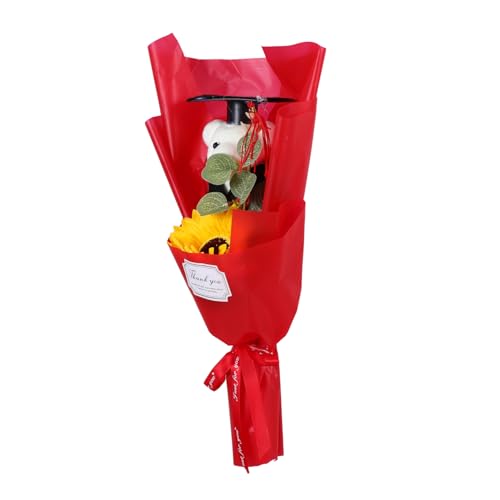 HOMOCONO Abschlusssaison -Simulationsstrauß winziges Abschluss-Stofftier Abschlussblumenbär Künstlicher Rosenstrauß Abschluss-Blumenstrauß-Zubehör Stofftierstrauß Plüsch rot von HOMOCONO
