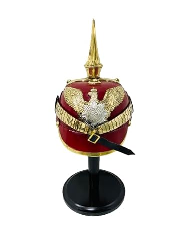 Deutscher Pickelhaubenhelm aus rotem Leder, kaiserlicher, preußischer Helm, Rüstung, Messing, mit Holzständer von HOMYZ