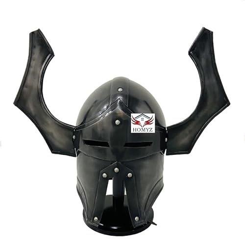 HOMYZ Mittelalterlicher Integralhelm Chaos Ritter Rüstung Metall Larp Warhammer Cosplay Ritter Theater Film Panzer Geschwärzter Helm 18 Gauge Stahl mit Display Holzständer Helmzier Tragbarer Helm von HOMYZ