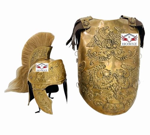 HOMYZ Mittelalterlicher Messing-Rüstung mit großem Adler, römischer Kürass, Nachstellung, Vollmessing-Rüstung, römischer Helm, antikes Messing-Finish, Halloween-Kostüm von HOMYZ