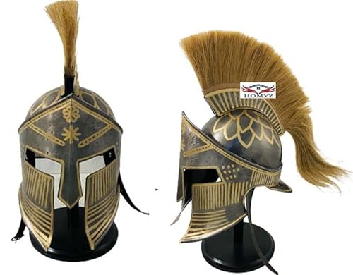 HOMYZ Mittelalterlicher Ritterhelm, griechischer Spartaner-Helm, antiker tragbarer Helm, natürliche Feder, griechischer Partyhelm mit Holzständer von HOMYZ