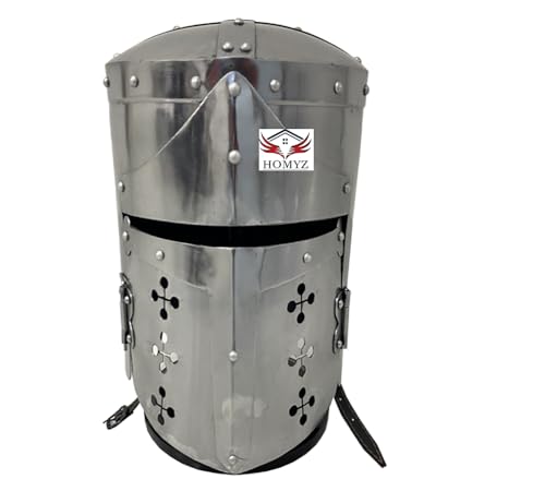 HOMYZ Mittelalterlicher Tempelhelm Silber 18 Gauge Stahl Silber Polnischer Ritter Larp Nachstellung mit Holzständer Cosplay Rollenspielhelm von HOMYZ