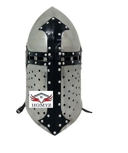 HOMYZ Mittelalterlicher Tempelritter-Zuckerhut-Helm, tragbar für Erwachsene, mittelalterlicher schwarzer Kreuzritterhelm, Kostüme, Holzständer von HOMYZ