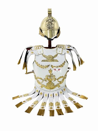 HOMYZ Mittelalterlicher römischer Muskel Kürass Rüstung König Richard Burton Feuerwehrmann Helm Weiße Lederjacke Handgefertigte Messingakzente Halloween-Kostüm HOMYZ Mittelalterlicher römischer Muskel Kürass Rüstung König Richard Burton Feuerwehrmann Helm Weiße Lederjacke Handgefertigte Messingakzente Halloween-Kostüm von HOMYZ