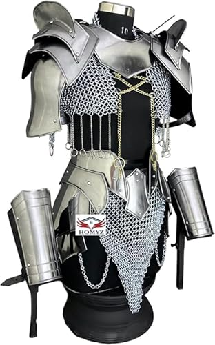 HOMYZ Mittelalterliches Damenkostüm, Silber, Einheitsgröße, Hals-, Gorget-, Schulter-, Arm- und Beinschutz-Set, Quastengürtel, Rüstungs-Kostüm HOMYZ Mittelalterliches Damenkostüm, Silber, Einheitsgröße, Hals-, Gorget-, Schulter-, Arm- und Beinschutz-Set, Quastengürtel, Rüstungs-Kostüm von HOMYZ