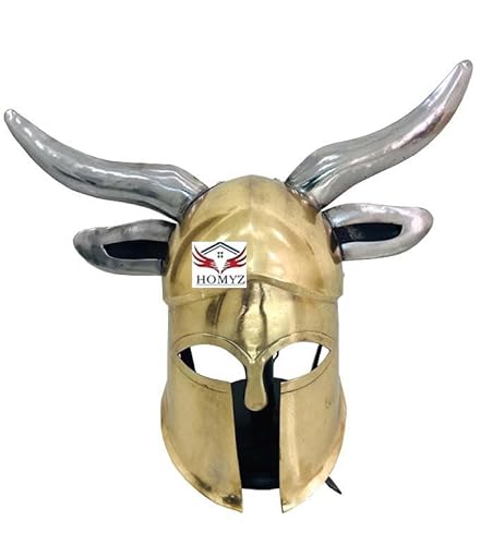 Mittelalterlicher Barbarhelm, Wikingerhelm, griechischer Korinther, mit Stahlhörnern, Flügel, Messing, polnisch, tragbar, Kreuzritterhelm mit Holzständer Mittelalterlicher Barbarhelm, Wikingerhelm, griechischer Korinther, mit Stahlhörnern, Flügel, Messing, polnisch, tragbar, Kreuzritterhelm mit Holzständer von HOMYZ