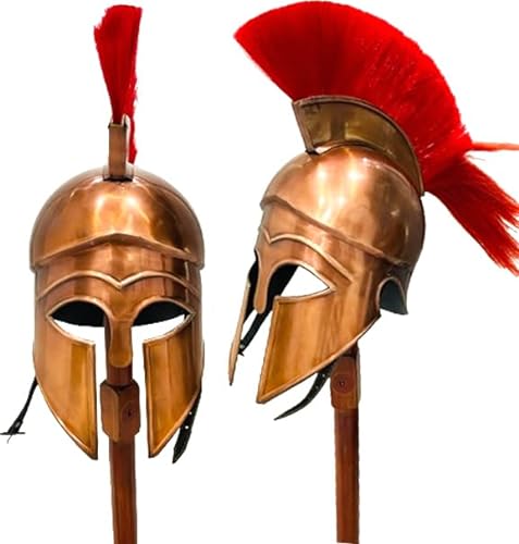 Mittelalterlicher griechischer spartanischer korinthischer Helm mit roter Feder, Kupfer-Finish, römischer Helm, Halloween-Kostüm-Requisiten von HOMYZ