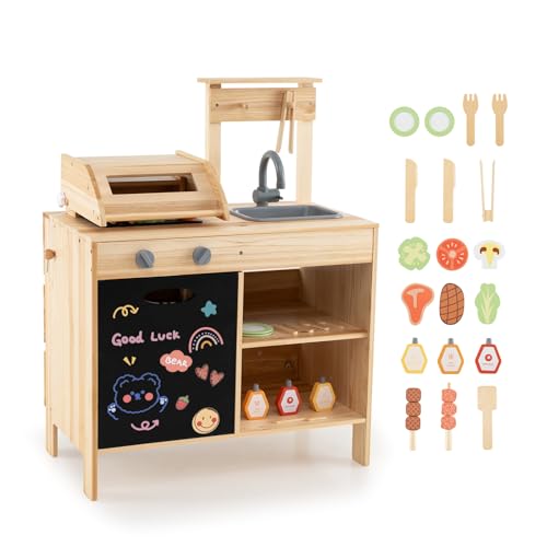 HONEY JOY Schlammküche, Tannenholz Outdoor Kinder Barbecue Grill Spielset, Spielessen & Grillwerkzeuge, Spüle & Wasserhahn, Tafel, Kochen BBQ Pretend Play Küche für Kleinkinder, Natur von HONEY JOY