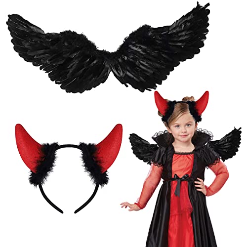 Engelsflügel Schwarz, Engel Kostüme Federn, Dunkelheit Engel Flügel, 60CM Engel Flügel, Teufel Kostüm Cosplay, mit Rot Teufel Hörner Stirnband, für Halloween Karneval Party Kostümparty, Schwarz von HONGECB