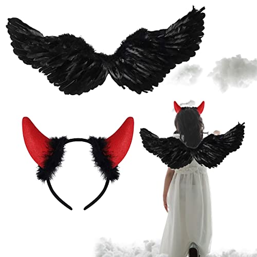 HONGECB Engel Flügel, Federflügel Engel, Engel Kostüm Damen, Schwarz Flügel Mädchen, Engelsflügel Deko mit heiligenschein, Party Fasching Kostüme, Kostümparty Verkleidung, 30 * 60 cm HONGECB Engel Flügel, Federflügel Engel, Engel Kostüm Damen, Schwarz Flügel Mädchen, Engelsflügel Deko mit heiligenschein, Party Fasching Kostüme, Kostümparty Verkleidung, 30 * 60 cm von HONGECB