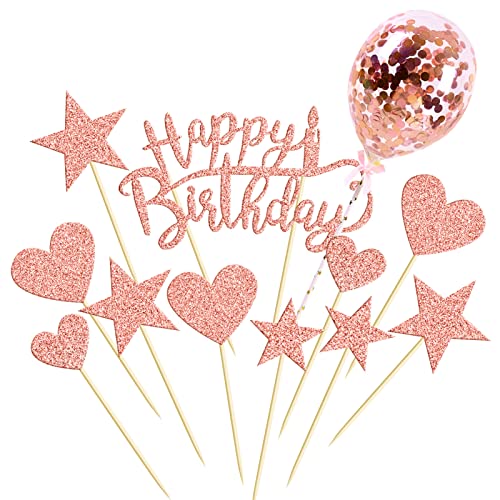 HONGECB Tortendeko,Kuchendekoration Geburtstag, Tortendeko Sterne Herz Cupcake Topper mit, Glitter Cake Topper Happy Birthday, Girlande Herze Sternen Kuchen Cupcake Topper Babyparty Topper(Rosa) von HONGECB