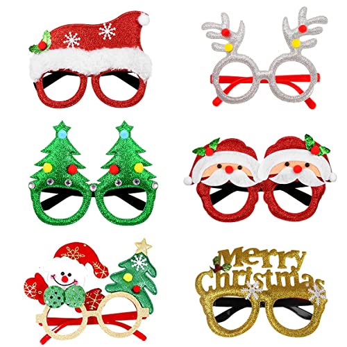 SUNCHE Weihnachtsbrillen, Lustige Weihnachten Brille, Weihnachten Brille Kreative, Glitzernde Weihnachts Brille Rahmen - Geweihe Mütze Weihnachtsbaum Design, Dekoration für Kinder Erwachsene, 6 Stück von HONGECB