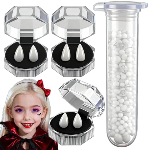 Vampirzähne Kit – Realistische gefälschte Vampirzähne mit Klebstoff, verschiedene Größen für Erwachsene und Kinder, Halloween-Kostüm, Party, Cosplay-Zubehör (15 mm, 17 mm, 19 mm Zähne plus Klebstoff) von HONGECB