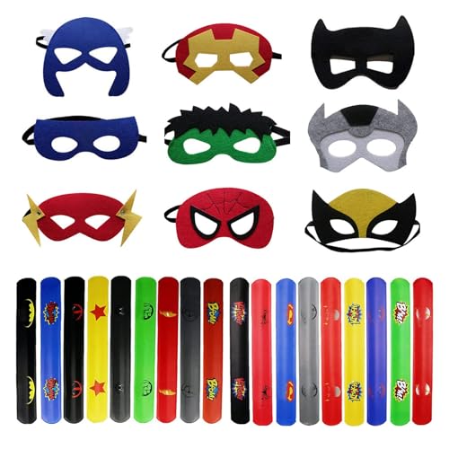 Superhelden-Masken & Superhelden-Slap-Bänder für Kinder-Partytüten, 27 Stück Filz-Superhelden-Cosplay-Party-Masken, Armbänder, Kostümzubehör, Armband, Jungen, Avengers-Füllstoffe Superhelden-Masken & Superhelden-Slap-Bänder für Kinder-Partytüten, 27 Stück Filz-Superhelden-Cosplay-Party-Masken, Armbänder, Kostümzubehör, Armband, Jungen, Avengers-Füllstoffe von HONGP