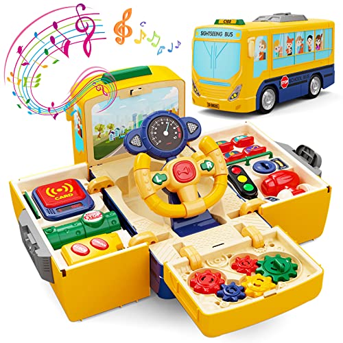 HONGTUO Schulbus Spielzeug mit Sound und Licht Simulation Lenkrad Fahren Spielzeug Kleinkinder Schulbus Spielzeug mit Musik Bildung Wissen Simulieren Schule Szenen Geschenk für 1-3-5 Jungen & Mädchen von HONGTUO